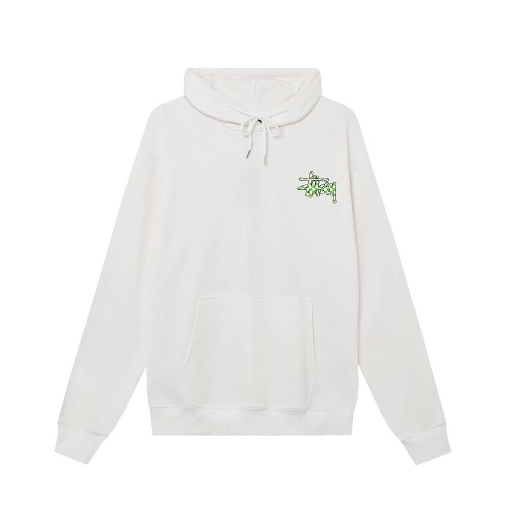 Stussy White Crewneck Hoodie with Green Chest Logo